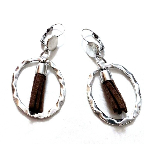 Tassel Earrings boho festival circle silver tone brown leather geometric dangle - Picture 1 of 4